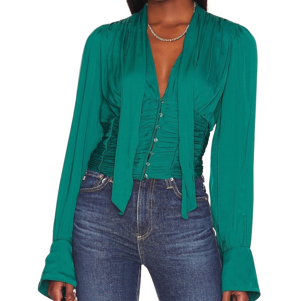 Free People Meet me There Ruched button down blouse in green balsam